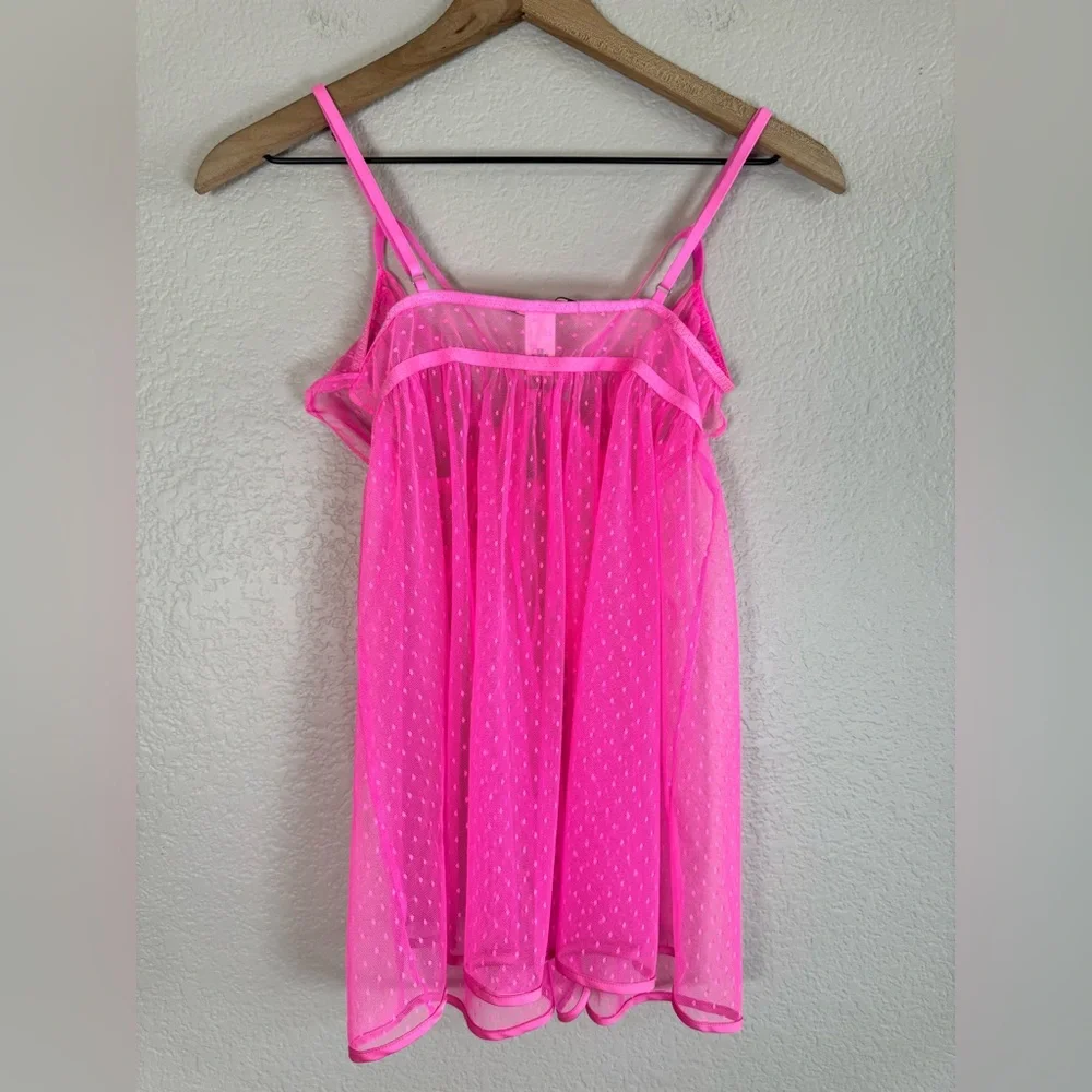 Victoria’s Secret Hot Pink Swiss Dot Sheer Mesh Babydoll Bow Tie Front $80 Small
